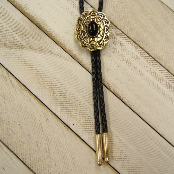 Quality Gold Bolo Tie w Black Cabochon Native American Inspired Boho Chic Necklace Wedding Western Necktie Bola Tie USA Made Jewelry 80526-2