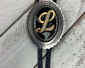 Initial Bolo Tie Wedding Bolo Tie Personalized Silver Tone Bolo Tie Gold Statement Bolo Tie Western String Tie Choose Your Initial 80625