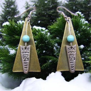 Unique Boho Chic Earrings Statement Dangle Earrings Silver and Gold Antiqued Made In USA Birthday Present Anniversary Gift for Women 11178-4