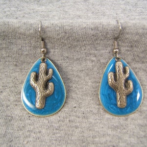 Southwestern Jewelry Silver w Blue Cactus Earring Cowgirl Western Clothing Boho Chic Earring Gift for Mom Grandma Girlfriend Wife Her 80440