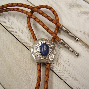 American Made Silver Bolo Tie w Lapis Gemstone Leather Cord Bolos Bola Lariat Wedding Bolo Tie Unique Unisex Necklace Lariat Necktie 80521-5