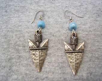 Silver Arrowhead Earrings with Turquoise Bead, Southwestern Jewelry 80183-1