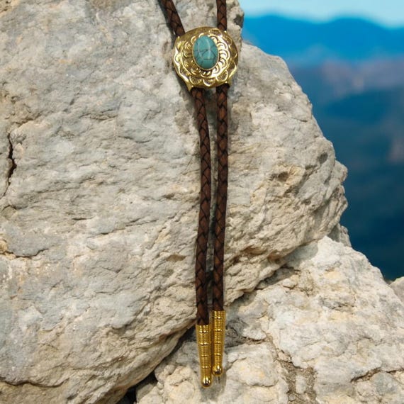 03083● CALEE Turquoise Bolo Tie Brass Western Bolo Tie Polished Brass Bolo Tie Turquoise Bolo Tie