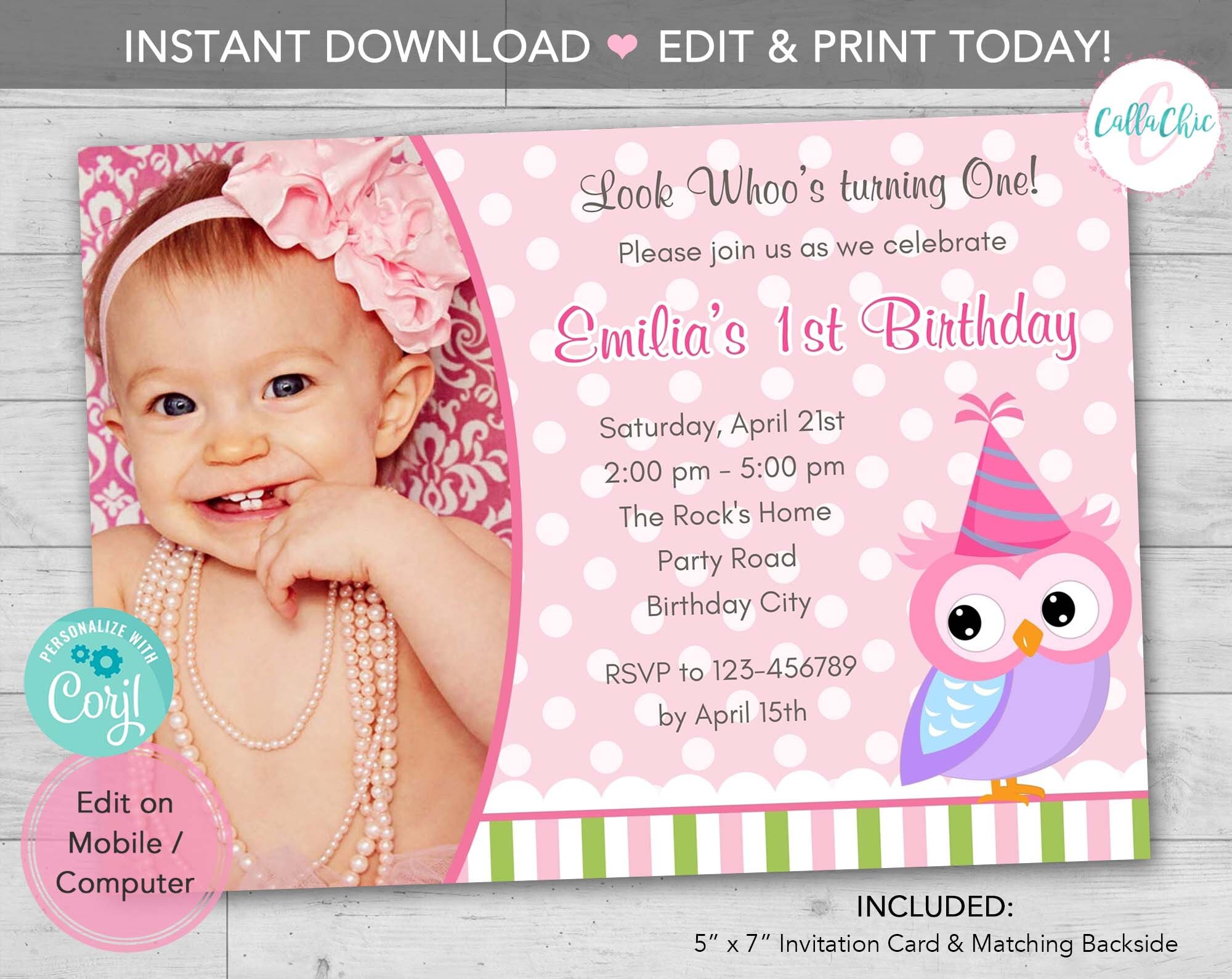 Owl 1st Birthday Invitation PRINTABLE with Photo Girl Pink | Etsy