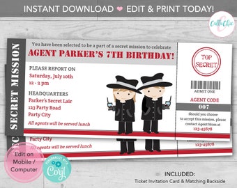 Secret Agent Invitation PRINTABLE INSTANT DOWNLOAD - Spy Detective Secret Mission - Boy/Girl Top Secret Birthday Party Diy Editable Template