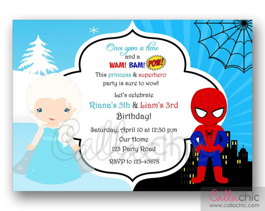 Elsa Spiderman Birthday Invitation PRINTABLE Twin 