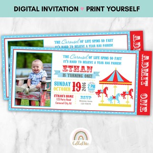 Faire-part carrousel à imprimer avec photo - invitation vintage pour 1er anniversaire de garçon et fille - cheval de cirque rouge sarcelle rose arc-en-ciel