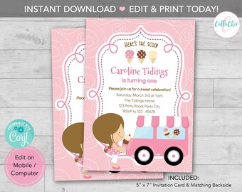 Ice Cream Birthday Invitation PRINTABLE - Ice Cream Truck with Girl Eating Cones - Pink Swirl INSTANT DOWNLOAD Editable Template Corjl