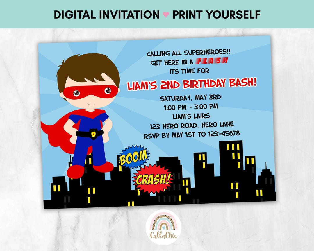 Superhero Birthday Invitation Printable for Boys - Blue Red With Mask ...