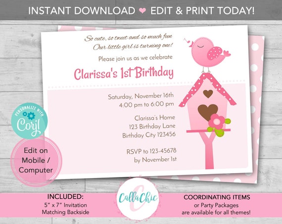 Bird Invitation PRINTABLE Template Pink 1st Birthday / Baby Shower.