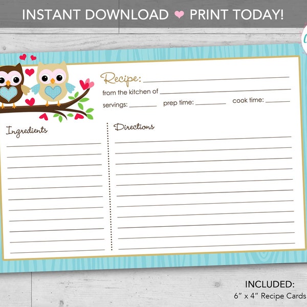 Recipe Card Template 4x6 - Owl Bridal Shower Printable Cards - Owl Blue Cream and Brown (INSTANT DOWNLOAD) diy Print Today