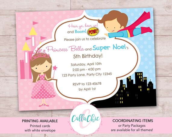 SUPERHERO /& PRINCESS INVITATION CARDS PERSONALISED JOINT BIRTHDAY PARTY BOY GIRL