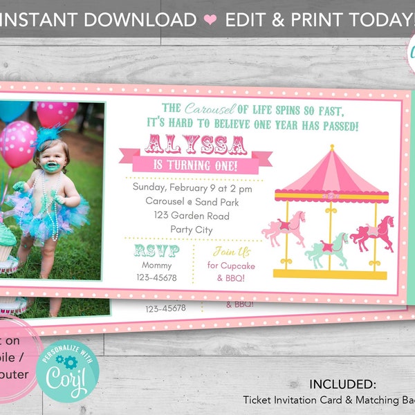 Carousel Birthday Invitation PRINTABLE with Photo - Vintage Ticket Invite Girl Circus Horse (Pink Teal) INSTANT DOWNLOAD Editable Template