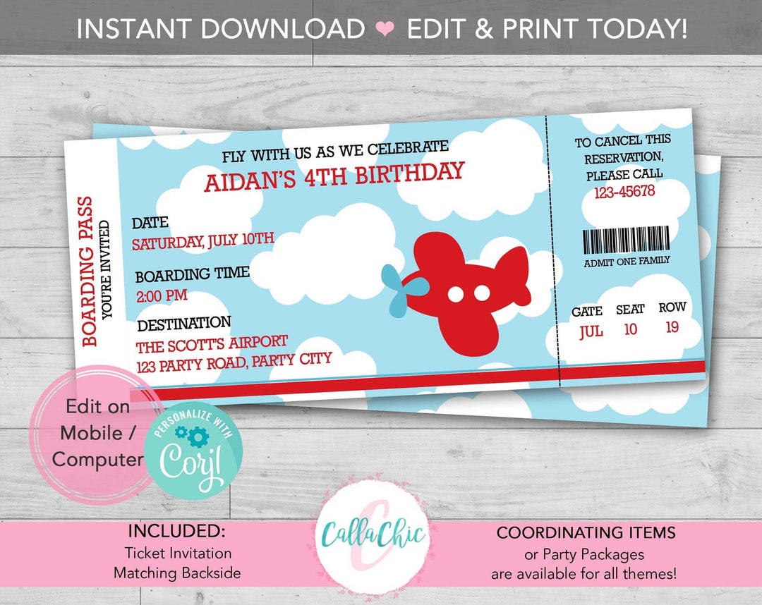 Airplane Ticket Birthday Invitation Template Printable - Etsy