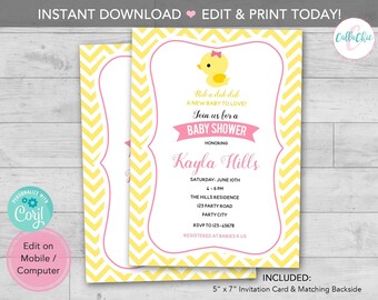 Duck Baby Shower Invitation INSTANT DOWNLOAD PRINTABLE - Girl 1st Birthday Invite - Cute Chevron Yellow Blue - Editable Template Corjl