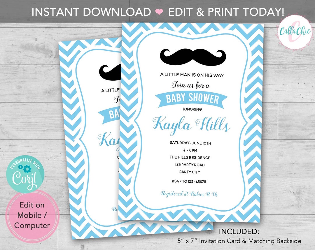 Moustache Baby Shower Invitation PRINTABLE INSTANT DOWNLOAD Boy 1st