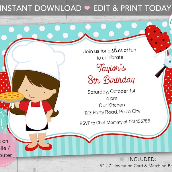 Pizza Party Birthday Invitation PRINTABLE INSTANT DOWNLOAD - Blonde Girl Chef Party Invite (Blue & Red) Editable Template Print Today diy