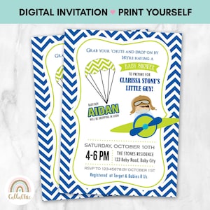 Invito per baby shower in aereo STAMPABILE - Paracadute pilota per il primo compleanno del ragazzo - Chevron verde blu - Download stampa digitale fai da te