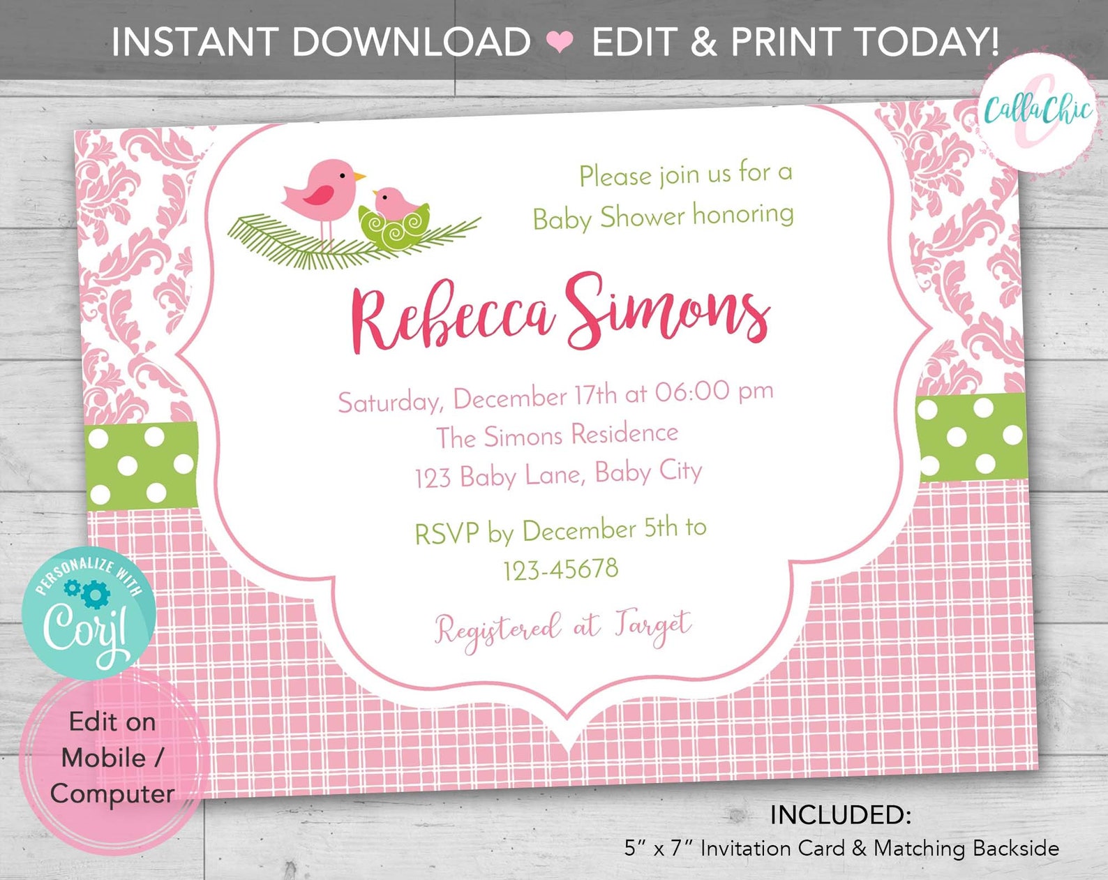 Bird Baby Shower Invitation PRINTABLE Damask Bird With Nest Etsy