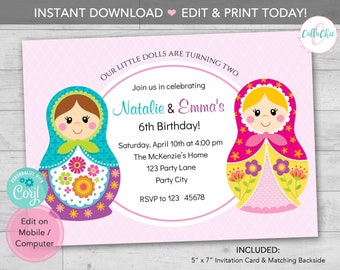 Matryoshka Birthday Invitation PRINTABLE INSTANT DOWNLOAD - Twin Girl Party / Baby Shower Invite - Russian Doll - Editable Template