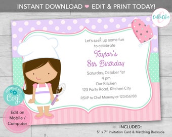 Invitación a la fiesta de cocina IMPRIMIBLE - Girl Chef Baking Birthday Party invita a Pastel Pink Purple Teal DESCARGA INSTANTÁNEA Plantilla editable diy