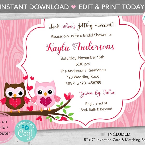 Owl Bridal Shower Invitation INSTANT DOWNLOAD PRINTABLE - Cute Wedding Invite (Pink Brown) - Editable Template