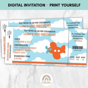 Modello di invito biglietto carta d'imbarco aereo STAMPABILE - Festa di compleanno del ragazzo dell'aereo aereo - Blu Arancione (File digitale stampa fai da te)