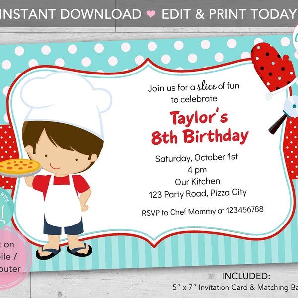Pizza Party Invitation PRINTABLE INSTANT DOWNLOAD - Boy Chef Birthday Party Invite (Blue & Red) Editable Template Print Today diy