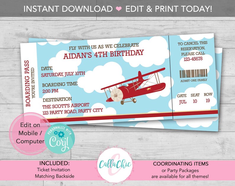 Vintage Airplane Birthday Party Decoration Printable INSTANT - Etsy