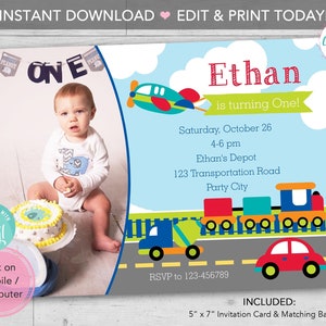 Transportation Birthday Invitation PRINTABLE with Photo INSTANT DOWNLOAD Boy Birthday Invite Car Plane Truck Train Vehicle Editable image 1