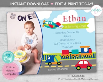 Transportation Birthday Invitation PRINTABLE with Photo INSTANT DOWNLOAD - Boy Birthday Invite - Car Plane Truck Train Vehicle - Editable