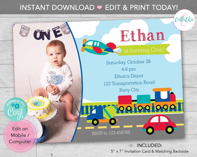 Transportation Birthday Invitation PRINTABLE with Photo INSTANT DOWNLOAD Boy Birthday Invite Car Plane Truck Train Vehicle Editable image 1