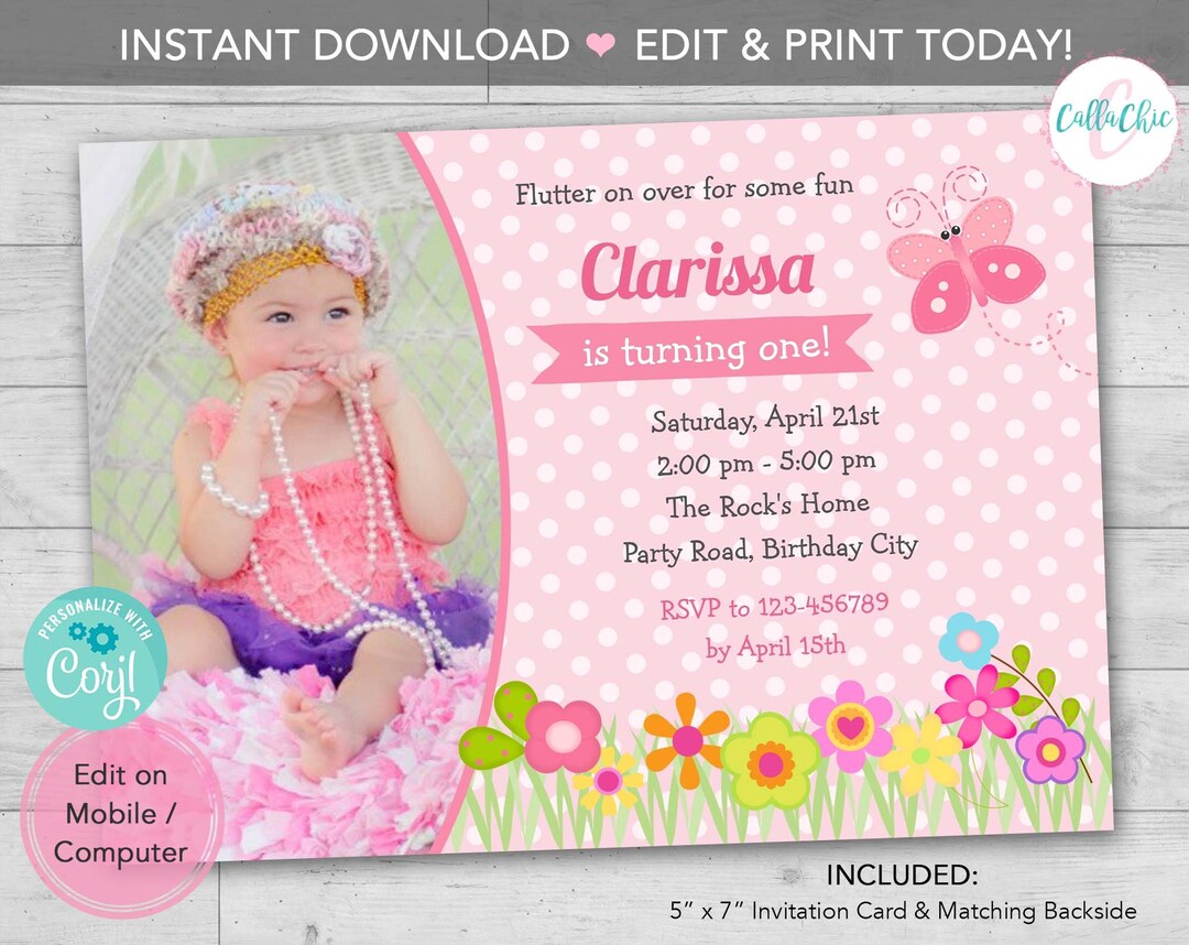Butterfly Birthday Invitation PRINTABLE With Photo Girl - Etsy