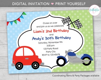 Car and Motorcycle PRINTABLE - Twin / Joint / Split Birthday Party - Boy Girl