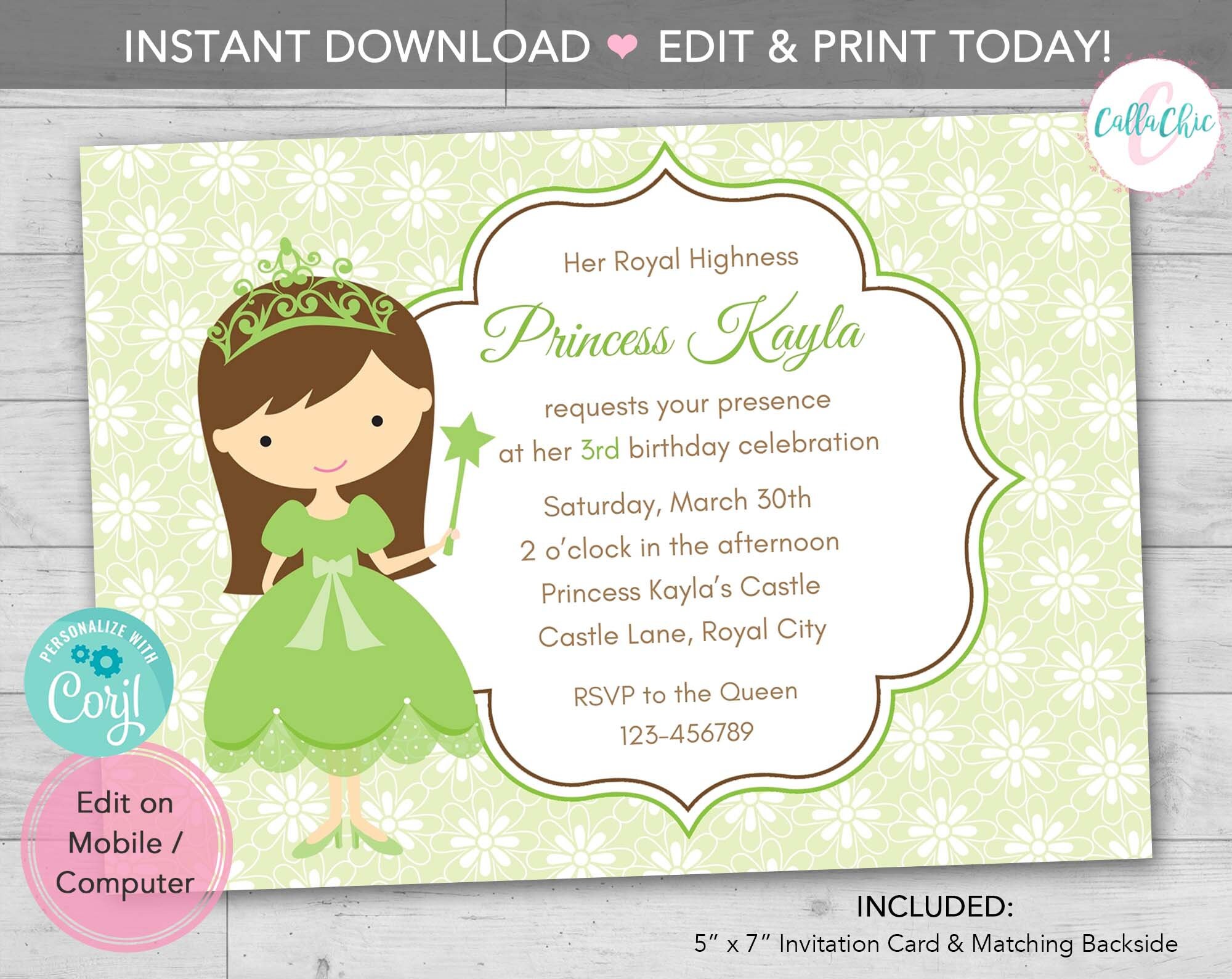 Green Princess Birthday Invitation INSTANT DOWNLOAD PRINTABLE - Etsy Canada