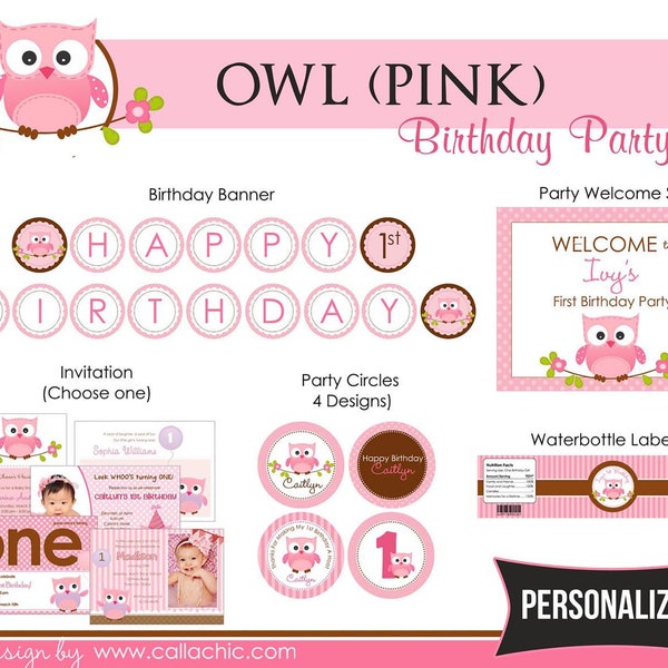 Owl Birthday Party Package (Pink) PRINTABLE DIY for 1st Birthday Girls PERSONALIZED