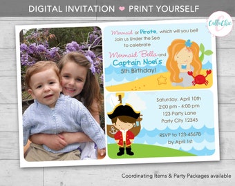 Mermaid and Pirate Birthday Invitation PRINTABLE with Photo - Twin / Joint / Split / Sibling Birthday Party - Boy Girl