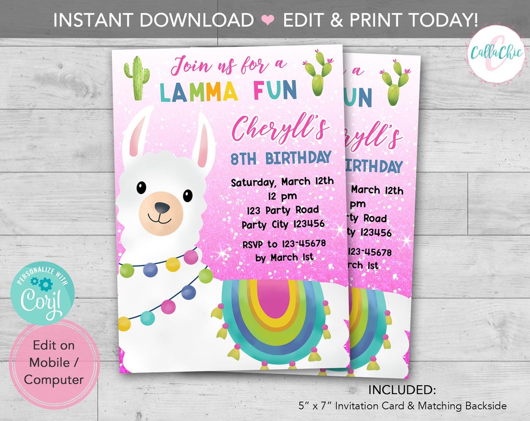 Llama Birthday Invitation INSTANT DOWNLOAD Printable for Girl Editable ...