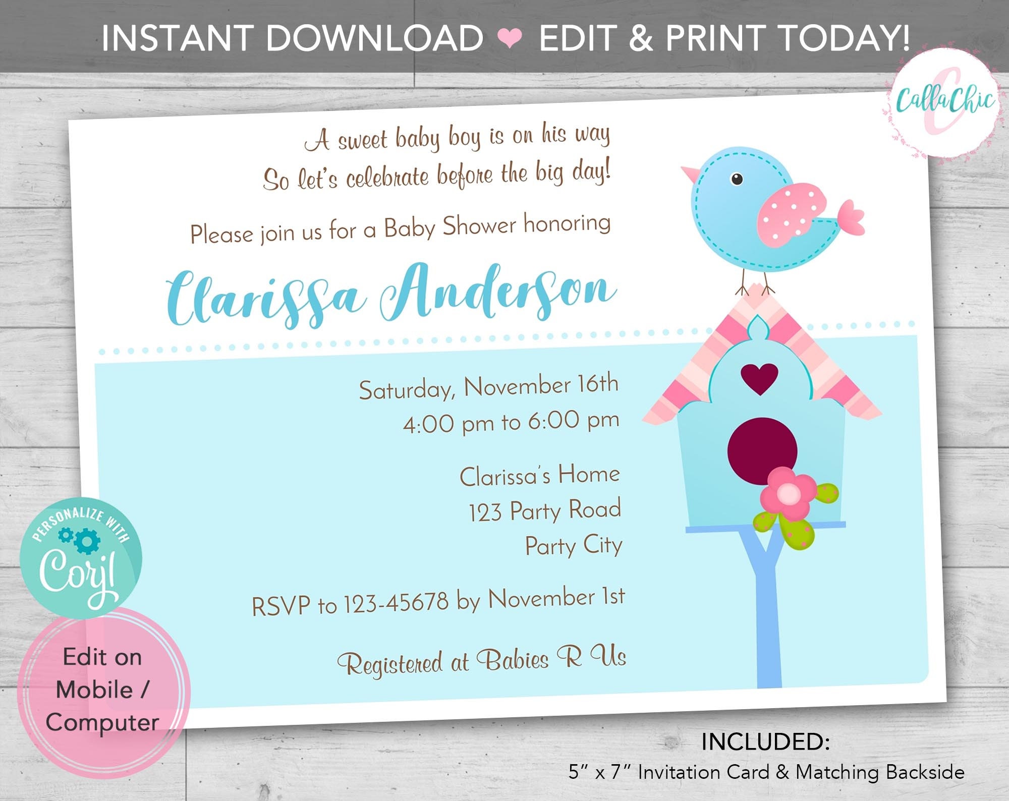 Bird Baby Shower Invitation PRINTABLE Instant Download Girl Etsy