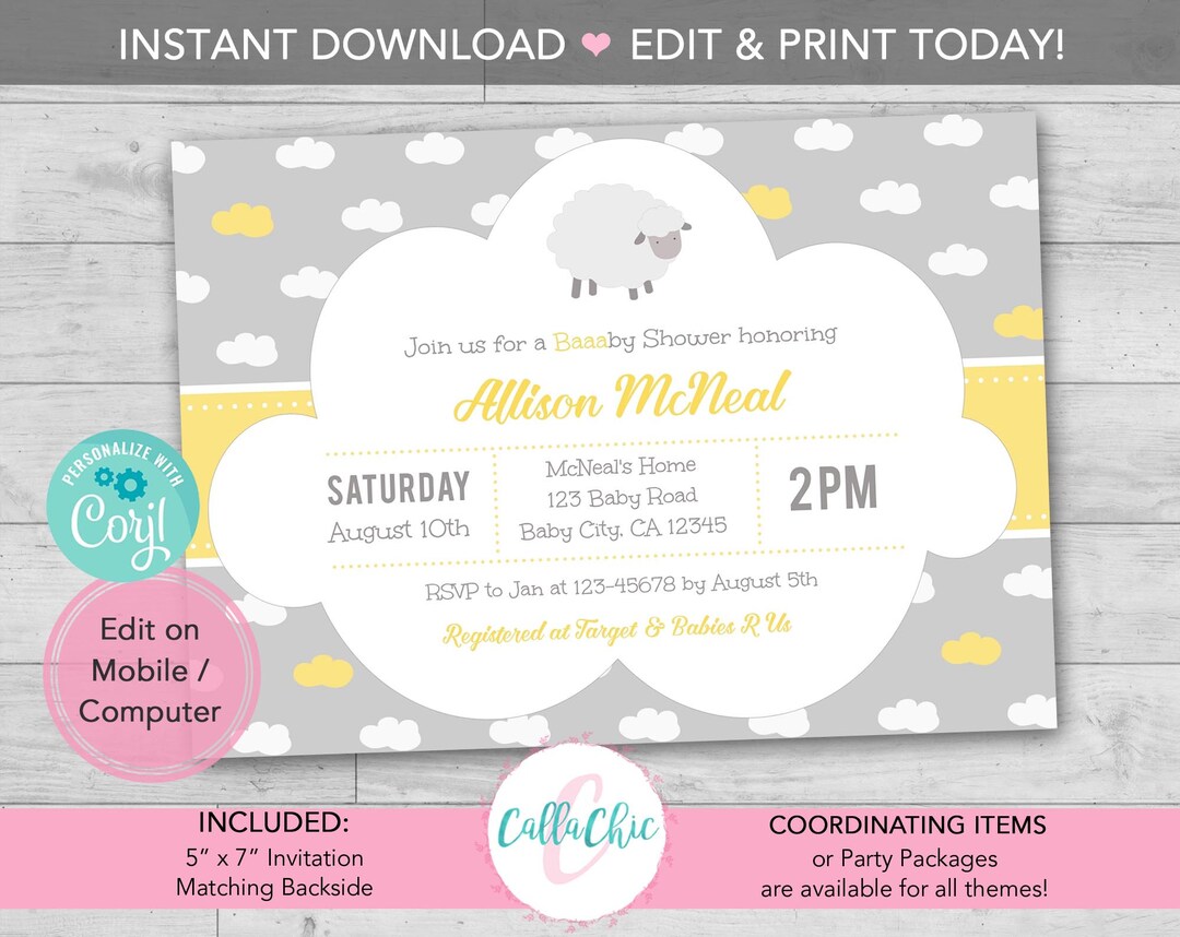 Sheep Baby Shower Invitation PRINTABLE Neutral Fluffy Sheep Etsy