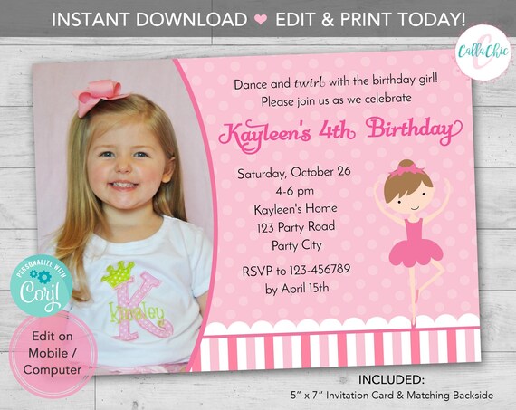 Ballerina Birthday Invitation PRINTABLE With Photo INSTANT.