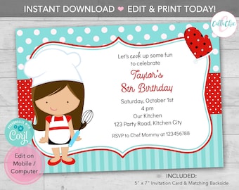 Chef Birthday Invitation PRINTABLE Instant Download - Girl Cooking Party Baking Invites (Teal Blue & Red) Editable Template Print Today