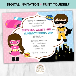 Invito supereroe STAMPABILE - Gemelli di compleanno / Congiunti / Boy Girl Party - Supereroi Boy Girl Stampa fai da te File digitale Colore pastello