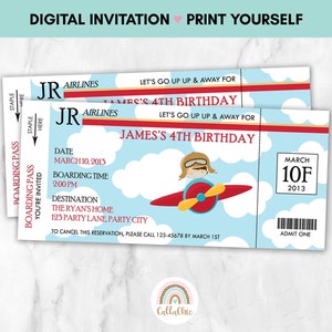 Invito biglietto aereo STAMPABILE - Carta d'imbarco aereo aereo Festa di compleanno del ragazzo con pilota - File digitale stampa fai da te