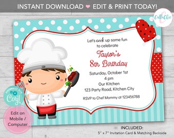 Invitación de cumpleaños del chef Descarga instantánea IMPRIMIBLE - Invitaciones para hornear fiesta de cocina para niños (azul azulado y rojo) Plantilla editable Imprimir hoy