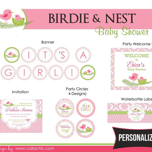 Damask Bird with Nest Baby Shower PRINTABLE Package (Girls) DIY PERSONALIZED