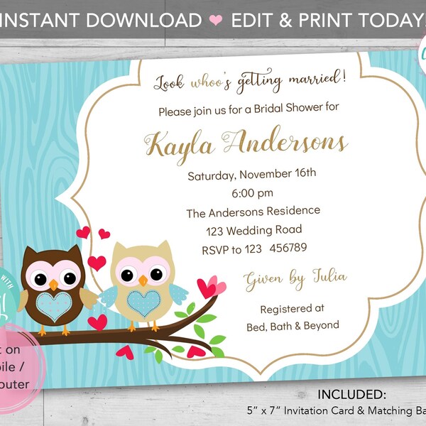 Owl Wedding Invitations PRINTABLE INSTANT DOWNLOAD - Cute Bridal Shower Invites (Blue & Khaki) Editable Template diy