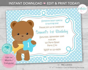 Teddy Bear Birthday Invitation PRINTABLE - Boy 1st Party / Baby Shower Invite - Blue Polka Dot with Star INSTANT DOWNLOAD Editable Template
