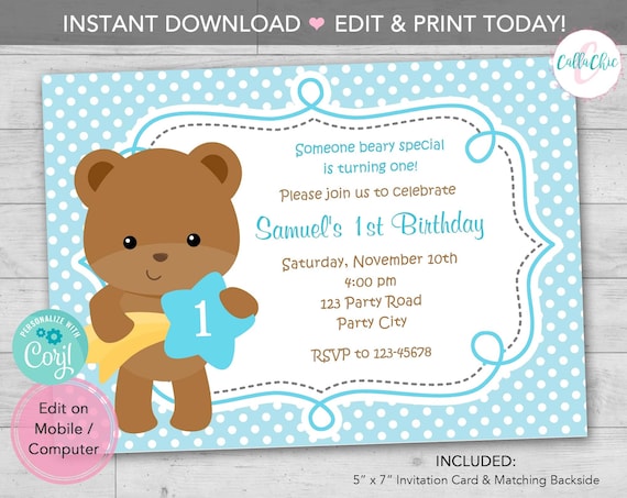 Teddy Bear Birthday Invitation Printable Boy 1st Party Etsy