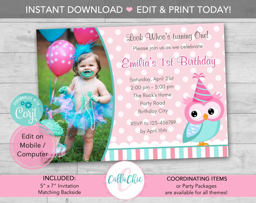Owl Birthday Invitation PRINTABLE Editable Template With Photo Girl 1st ...
